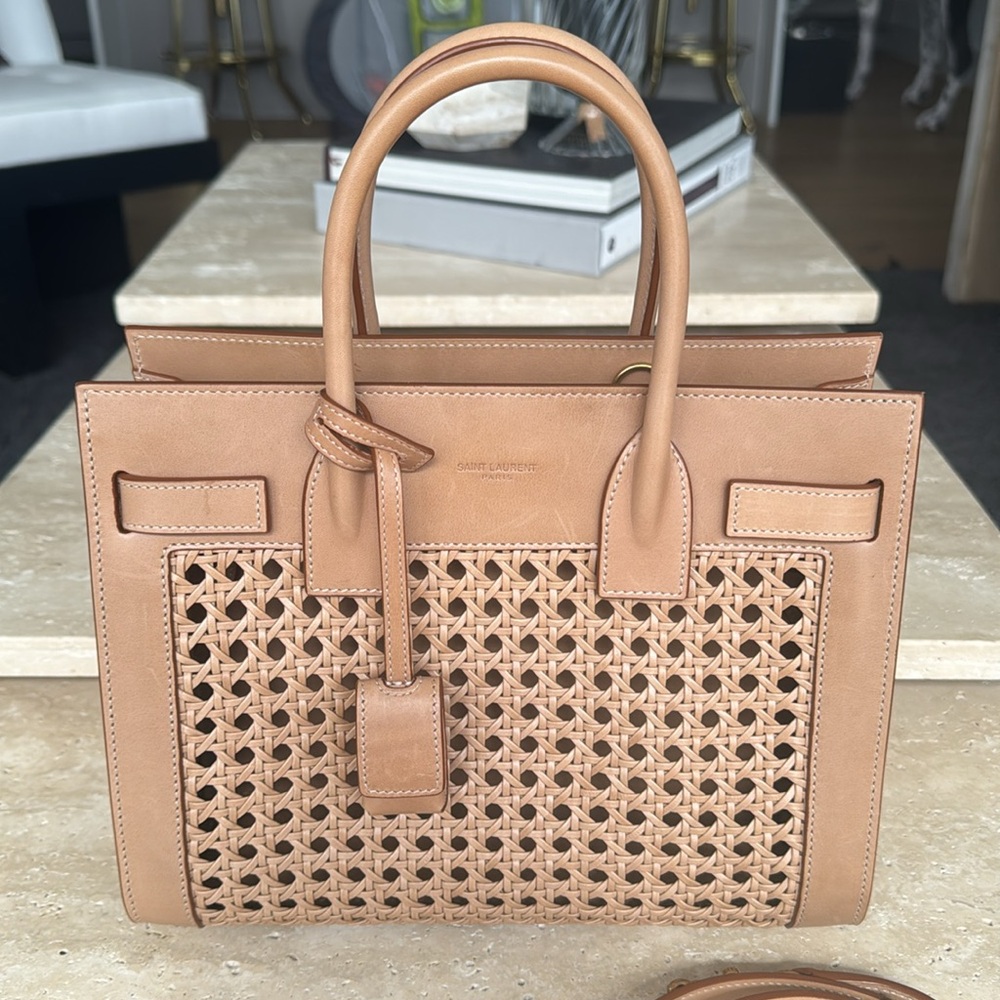 Yves Saint Laurent Rattan Leather Woven Sac De Jour Crossbody Tote Handbag
